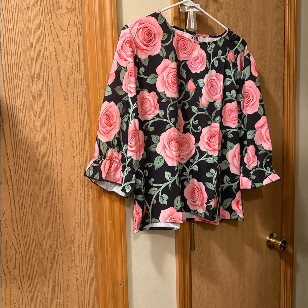SHEIN Black Blouse with Pink Rose Print